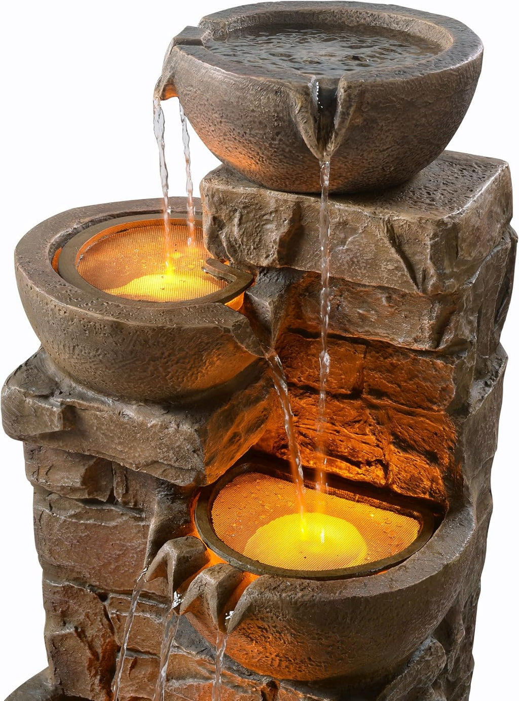 Teamson Home 33.27' Cascading Bowls & Stacked Stones LED Water Fountain for Outdoor Living Spaces, Brown