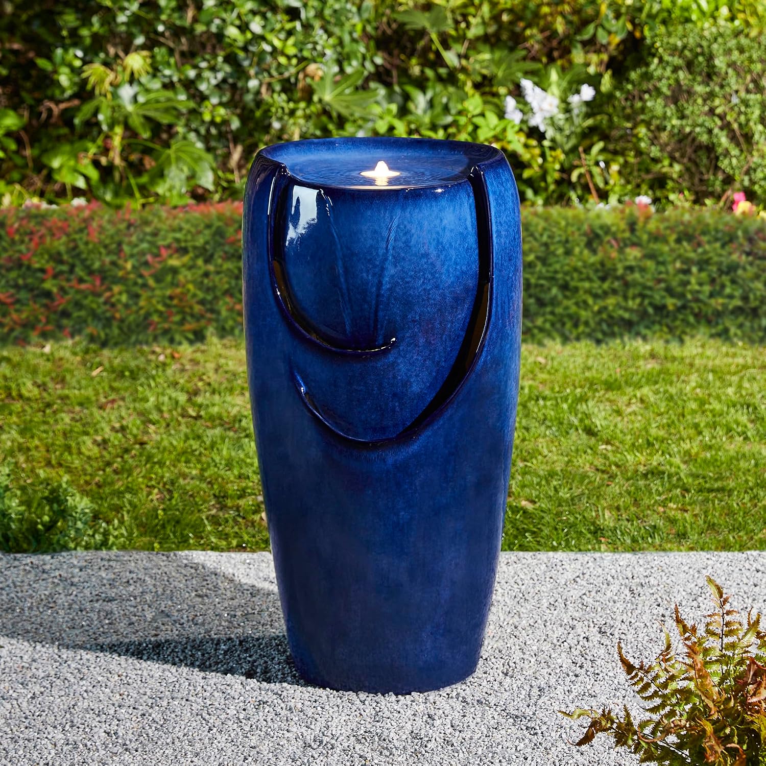 Glitzhome Outdoor Water Fountain with LED Light, Oversized Ceramic Vase Water Fountains Outdoor, Tall Water Feature Backyard Fountain for Garden Patio, Cobalt Blue, 29.3'H