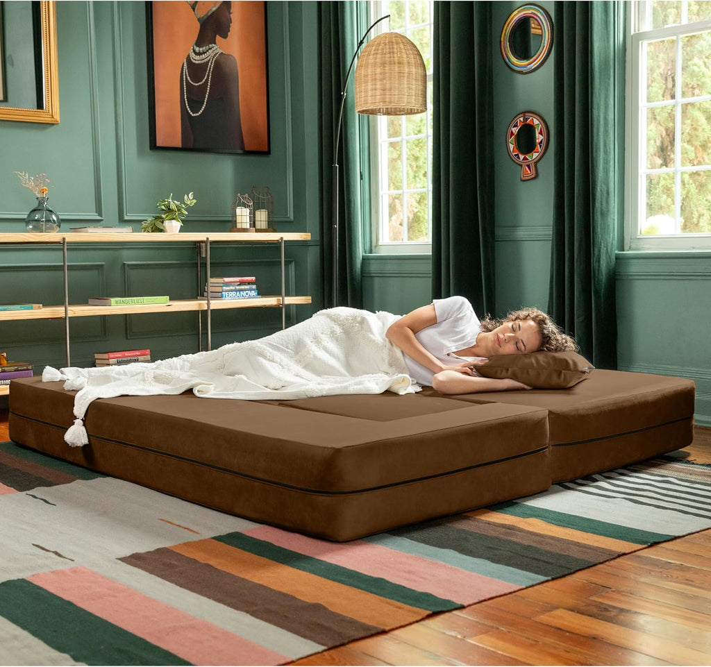 Jaxx Zipline Convertible Sleeper Sofa & Three Ottomans/California King-Size Bed, Textured Microvelvet - Toffee