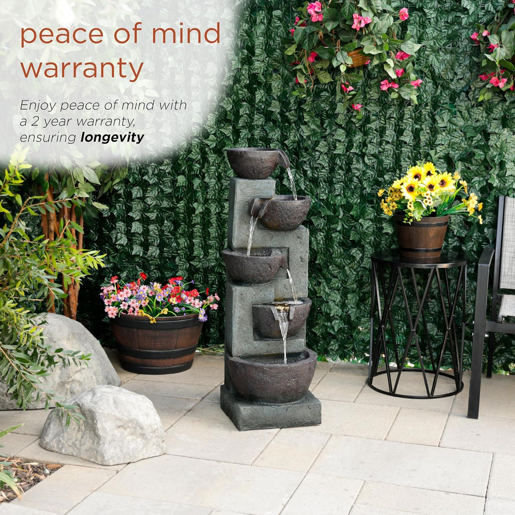 Alpine Corporation 39' Tall 5-Tier Bowls Waterfall Fountain with LED Lights, Elegant Outdoor Water Feature for Garden, Patio, Yard, Gray