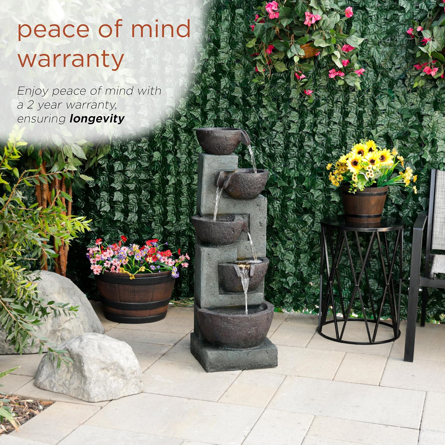 Alpine Corporation 39' Tall 5-Tier Bowls Waterfall Fountain with LED Lights, Elegant Outdoor Water Feature for Garden, Patio, Yard, Gray