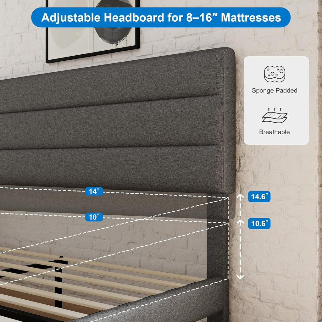 GOLDORO Full Size Bed Frame with Headboard, Upholstered Platform Bed, Wooden Slats Support, No Box Spring Needed, Easy Assembly, Dark Grey