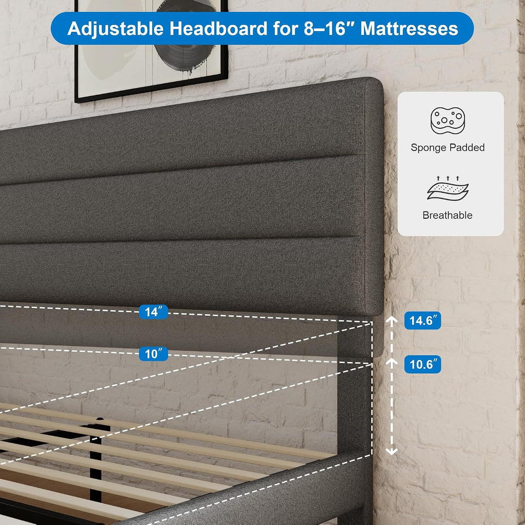 GOLDORO Queen Size Platform Bed Frame with Upholstered Headboard, Wooden Slats Support, No Box Spring Needed, Easy Assembly, Dark Grey