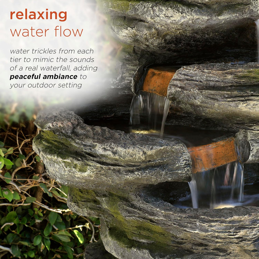 Alpine Corporation WIN1146 Outdoor Floor Cascading 8 Tiered Rock Garden Water Fountain with LED Lights, 58', Gray