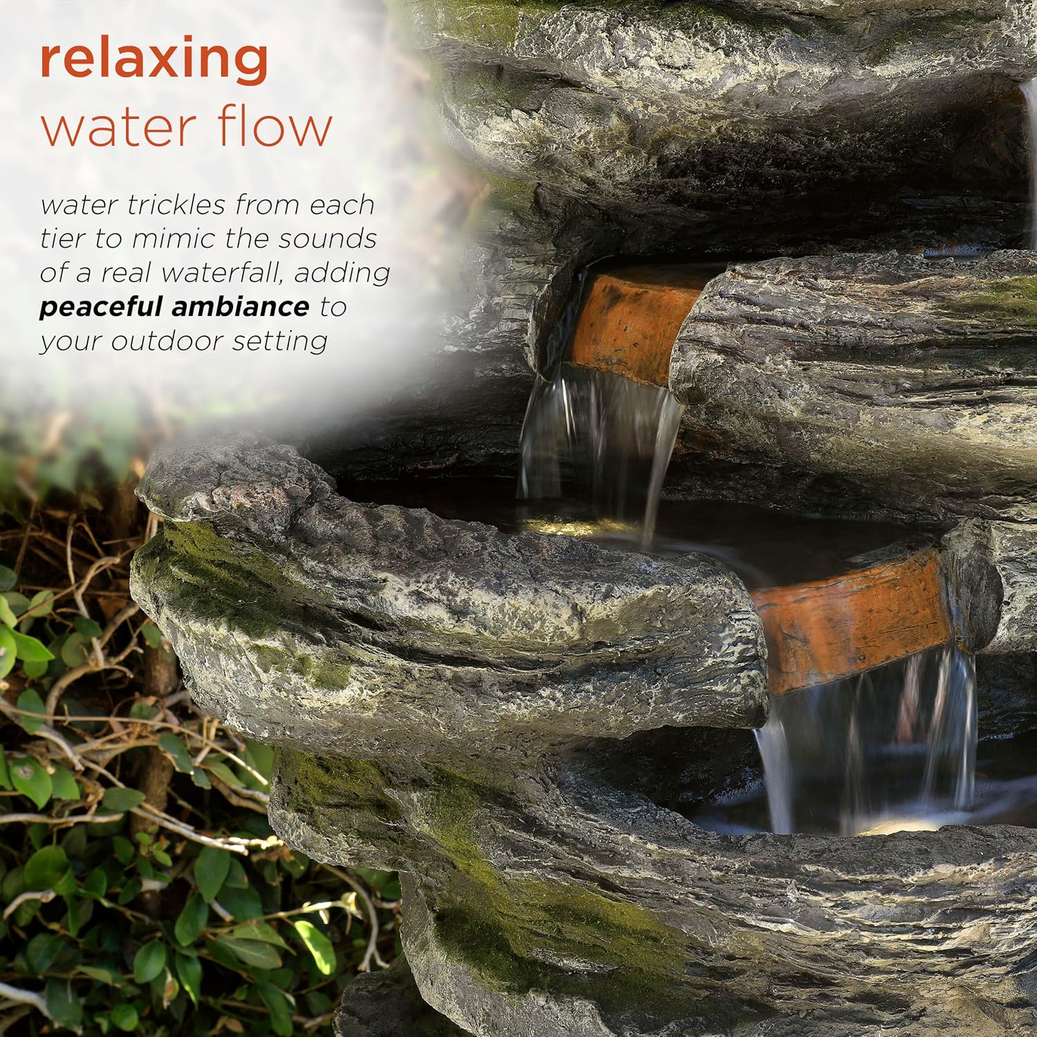Alpine Corporation WIN1146 Outdoor Floor Cascading 8 Tiered Rock Garden Water Fountain with LED Lights, 58', Gray