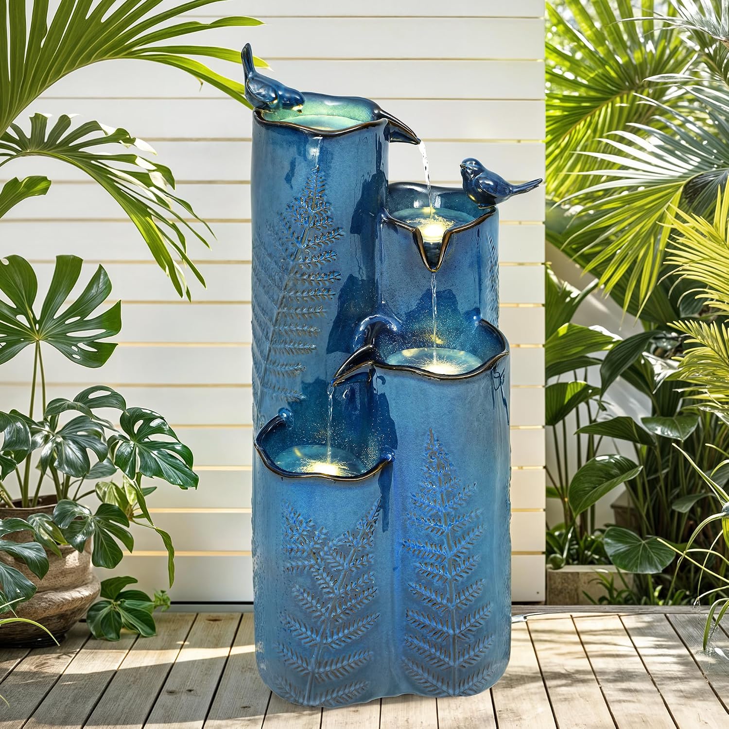 32' H Ceramic Outdoor Water Fountain, 4-Tier Tropical Cascading Waterfall with LED, Turquoise Glaze & Embossed Fern Pattern, Bird-Attracting Water Feature for Garden Patio Yard & Porch Decor