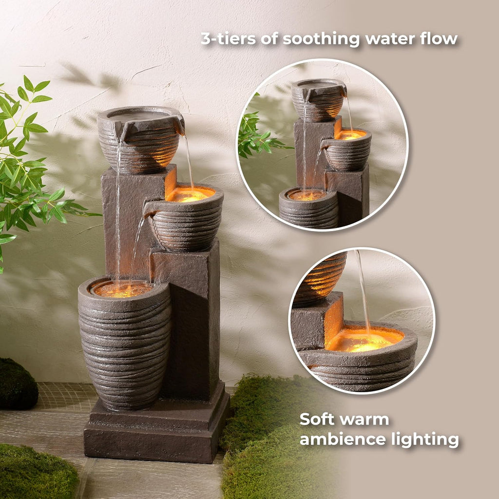 Teamson Home Horizontal Ribbed Pattern Outdoor Water Fountain–Warm Glow Lighting with Adjustable Flow & Electric Pump, Warm Gray