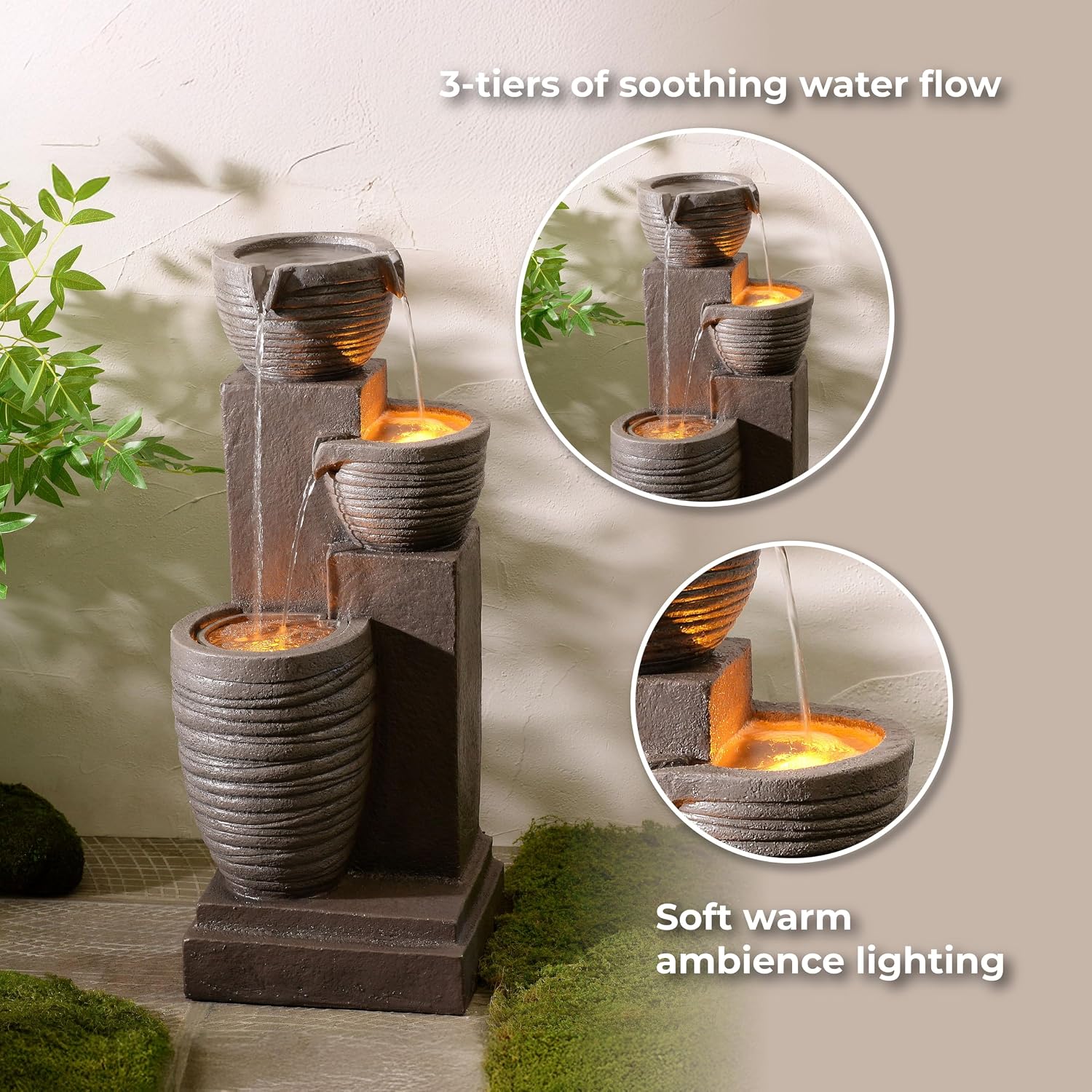 Teamson Home Horizontal Ribbed Pattern Outdoor Water Fountain–Warm Glow Lighting with Adjustable Flow & Electric Pump, Warm Gray