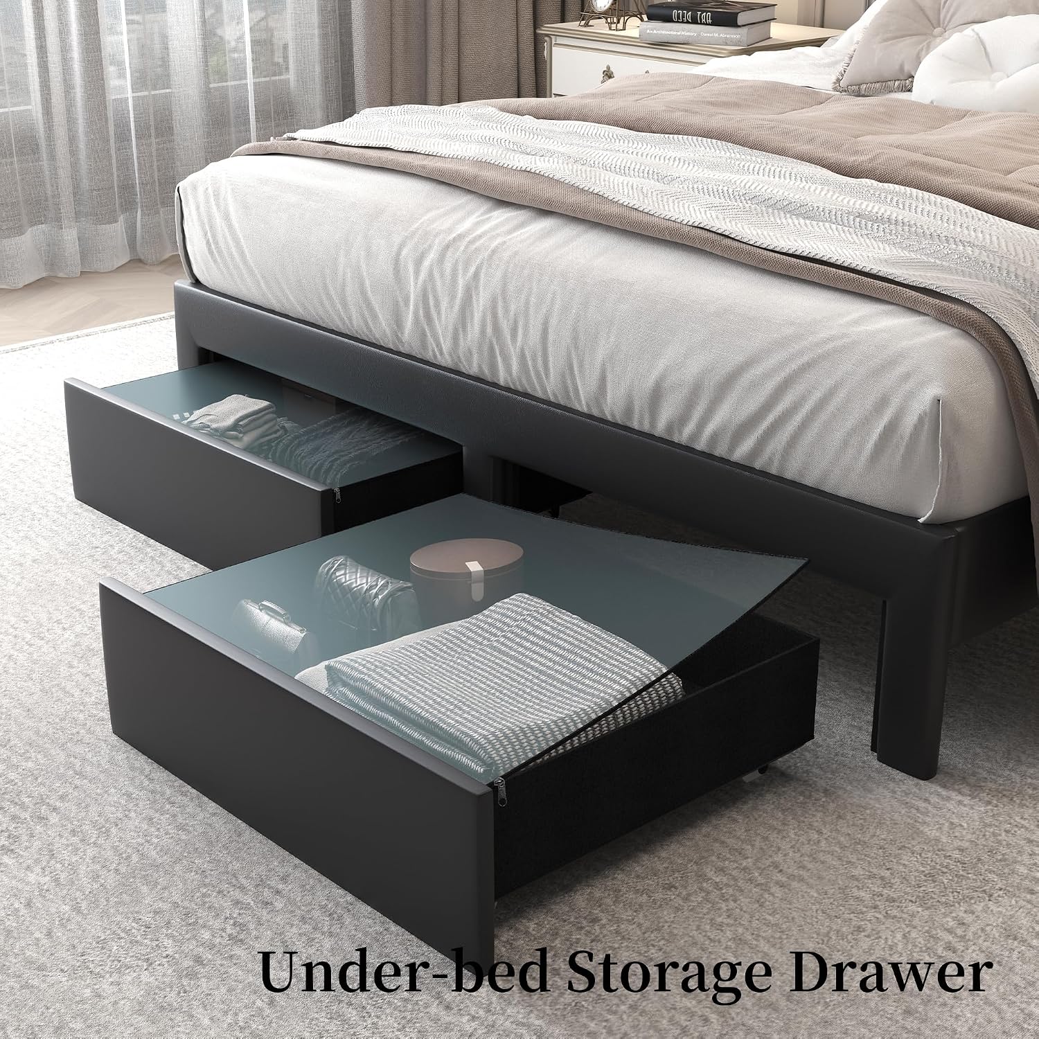 SIBEDS Queen LED Bed Frame with 2 Storage Drawers, PU Upholstered Platform Beds with Galaxy Star Projector Charging Station Speaker, Aurora Bedframe with 2-Tier Storage Headboard, Noise-Free, Black