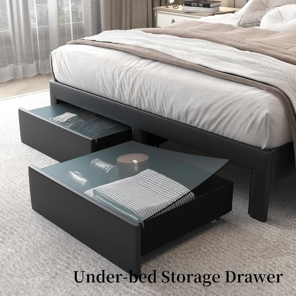 SIBEDS King LED Bed Frame with 2 Storage Drawers, PU Upholstered Platform Beds with Galaxy Star Projector Charging Station Speaker, Aurora Bedframe with 2-Tier Storage Headboard, Noise-Free, Black