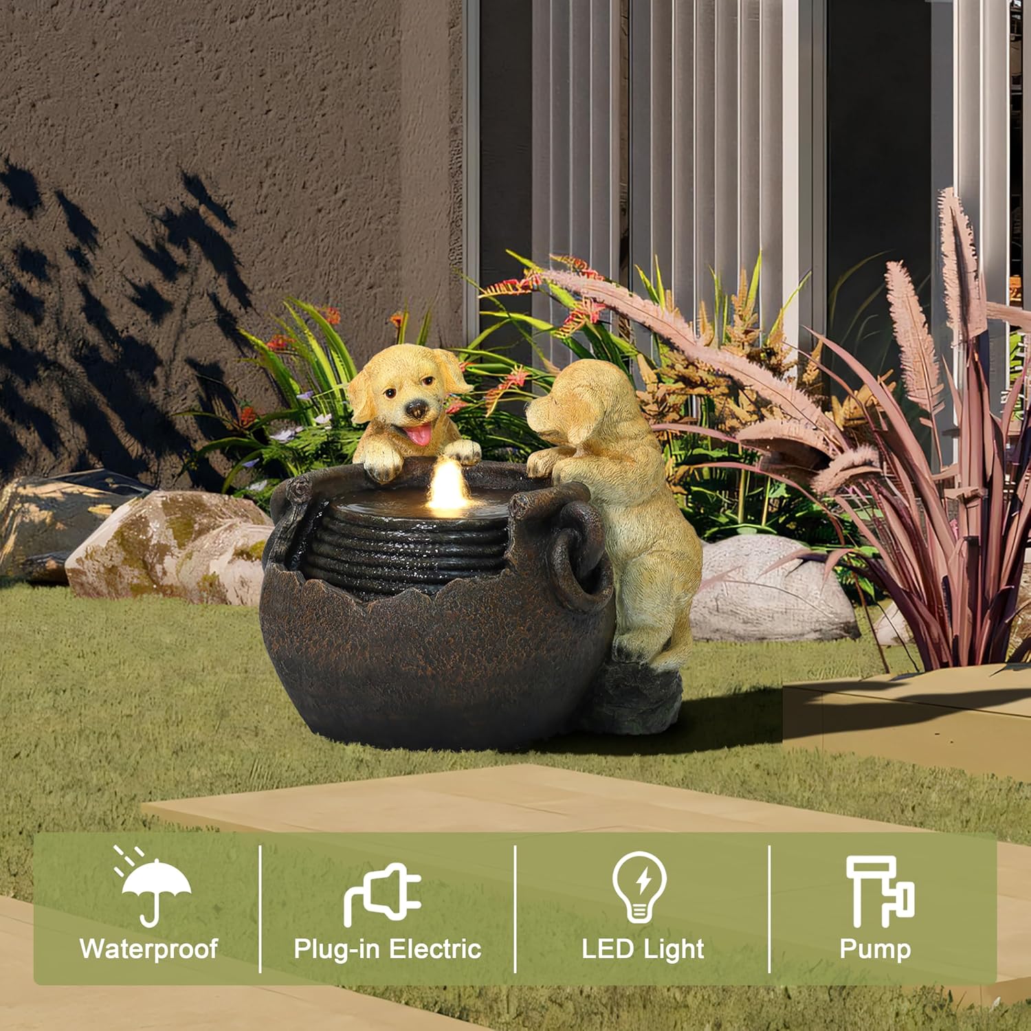 LuxenHome Outdoor Water Fountain, 16 Inch Adorable Puppies Resin Water Fountains Indoor with LED Lights, Farmhouse Waterfall Outdoor, Indoor Fountains and Waterfalls for Patio, Garden Decor