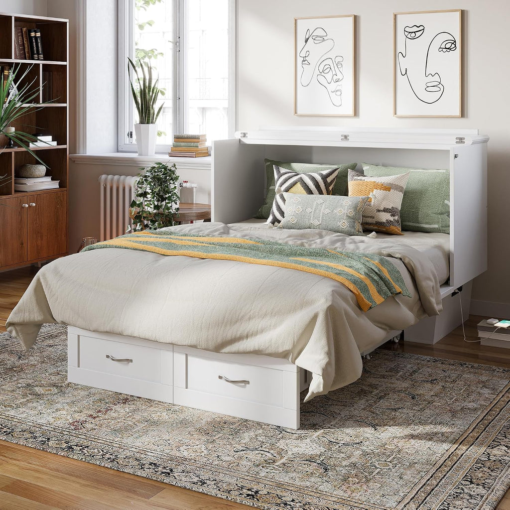 AFI, Monroe Full Murphy Bed Chest with 6' Mattress, Storage Drawer & Built-in USB Charger, White