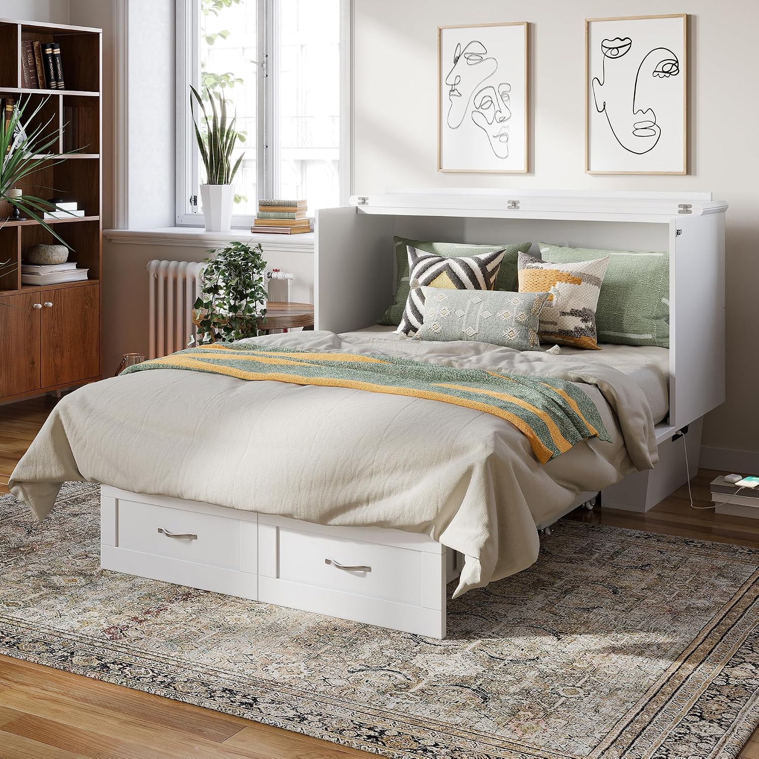 AFI, Monroe Full Murphy Bed Chest with 6' Mattress, Storage Drawer & Built-in USB Charger, White
