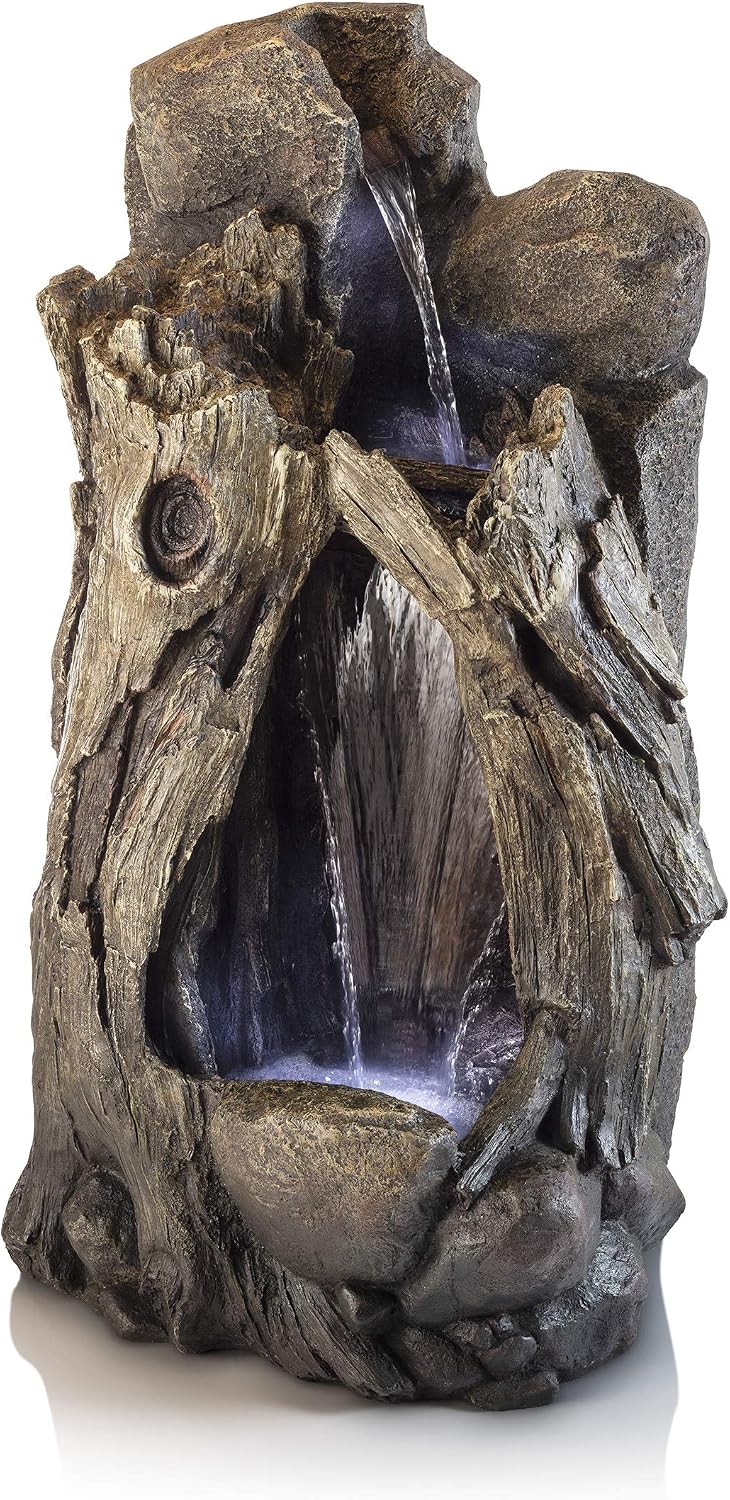 Alpine Corporation WIN270 52' Outdoor Rainforest Waterfall Tree Trunk Fountain with LED Lights, Cascading Water Feature for Garden, Patio, Backyard & Landscape Décor, Rustic, Brown