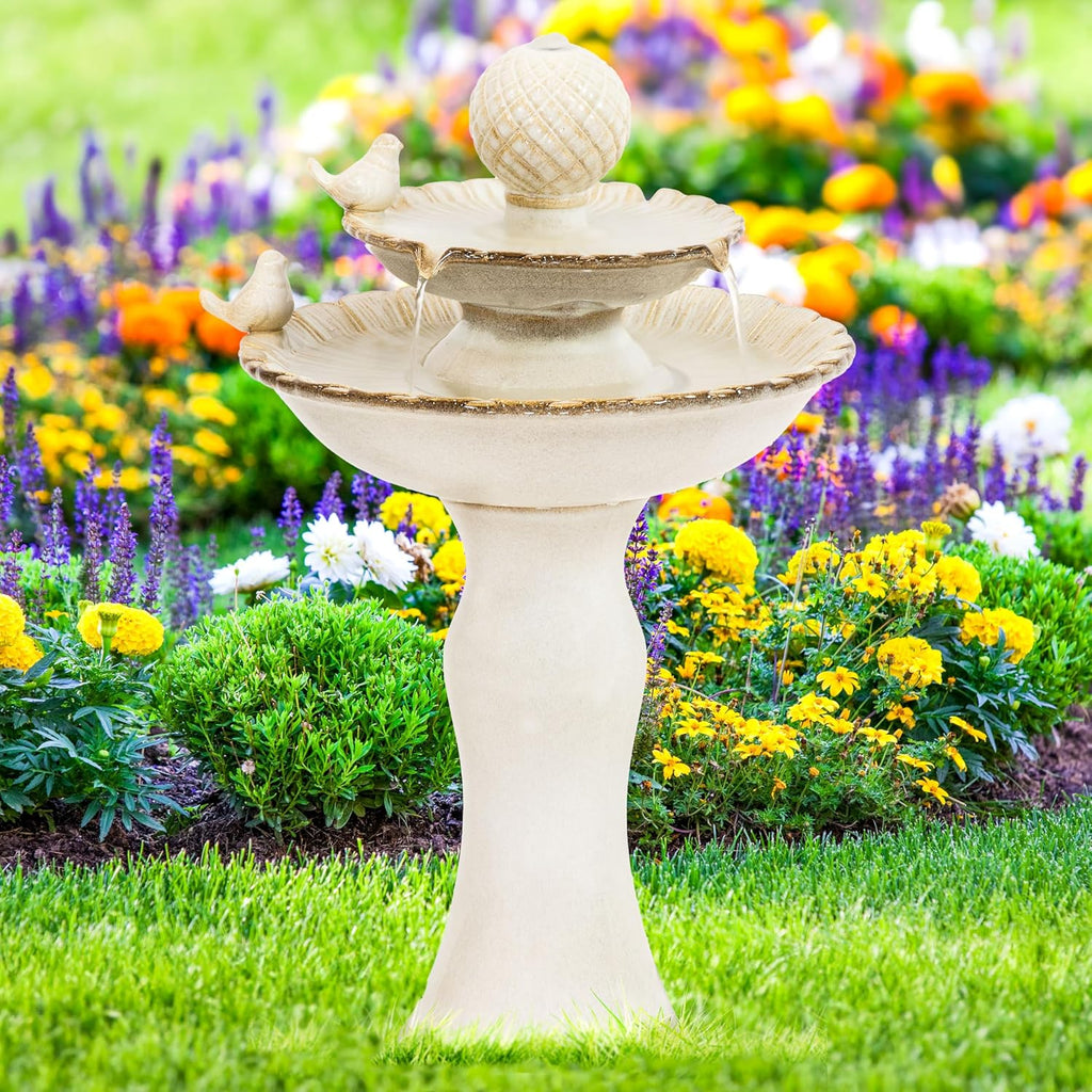 Sunnydaze 27' H 2-Tier Ceramic Water Fountain - Outdoor Water Feature for Patio, Yard, Balcony - Garden Fountain - White