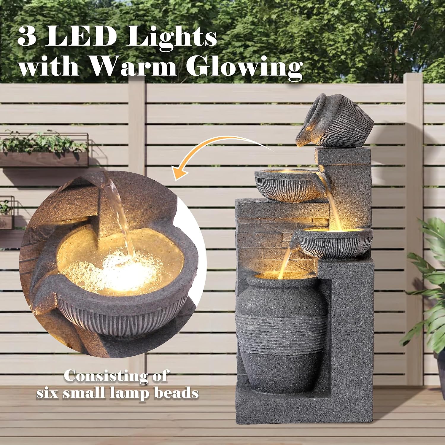 32' Outdoor/Indoor Garden Water Fountains, 4 Tiers Cascading Resin Fountains and Waterfalls with LEDs & Bowls, Modern Floor-Standing Patio Fountain for Porch, Deck, Yard (Grey)