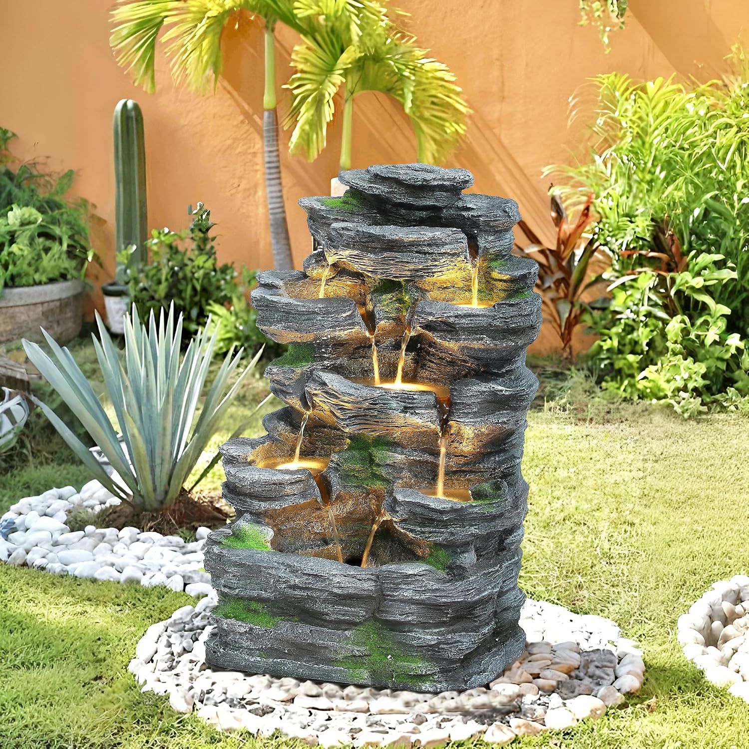 Garden Fountains Outdoor, 7-Tiers Cascading Rock Water Fountain, 24.4' H Waterfall Fountain Indoor with 6 LED Lights and Moss for Patio, Yard and Home Art Decor, Natural Stone Look