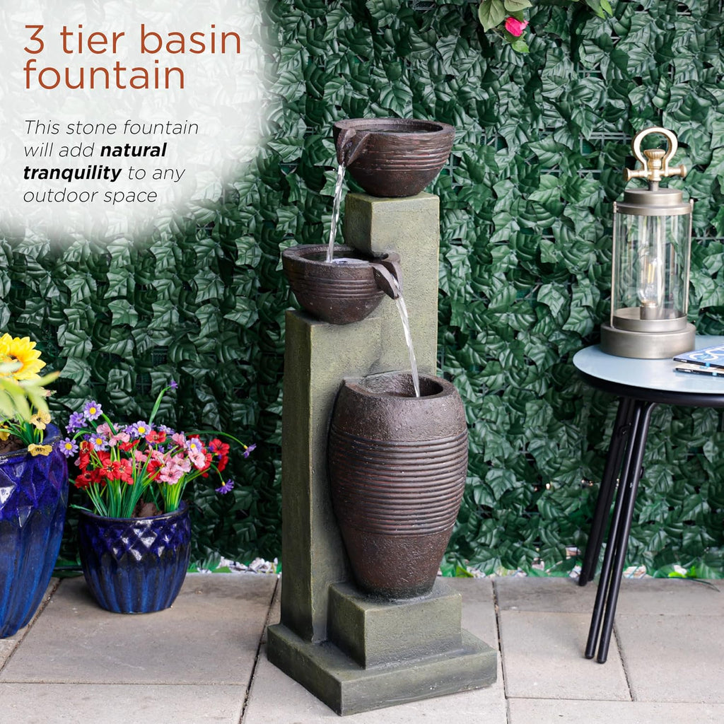Alpine Corporation 32' Tall 3 Tier Basins Water Fountain with LED Lights, Waterfall Decor, Elegant Cascading Water Feature for Garden, Patio, Yard & Outdoor Spaces, Multi-Color