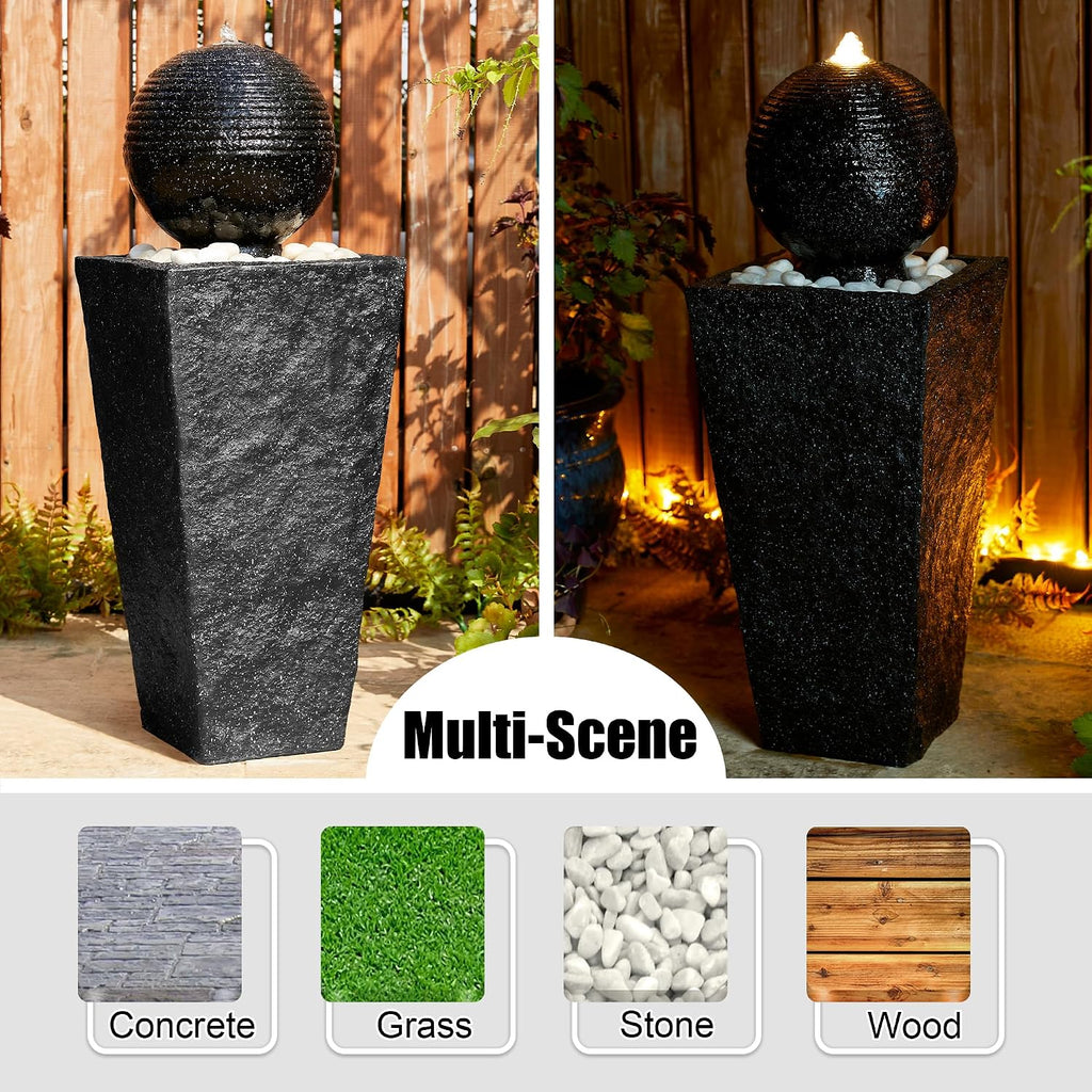 Glitzhome Outdoor Water Fountain with LED Light & Pump, Black Pedestal Sphere Fountain Decorative Water Fountains, Modern Waterfall Floor Fountain with Pebbles for Garden Patio Decor Porch, 31.75'H
