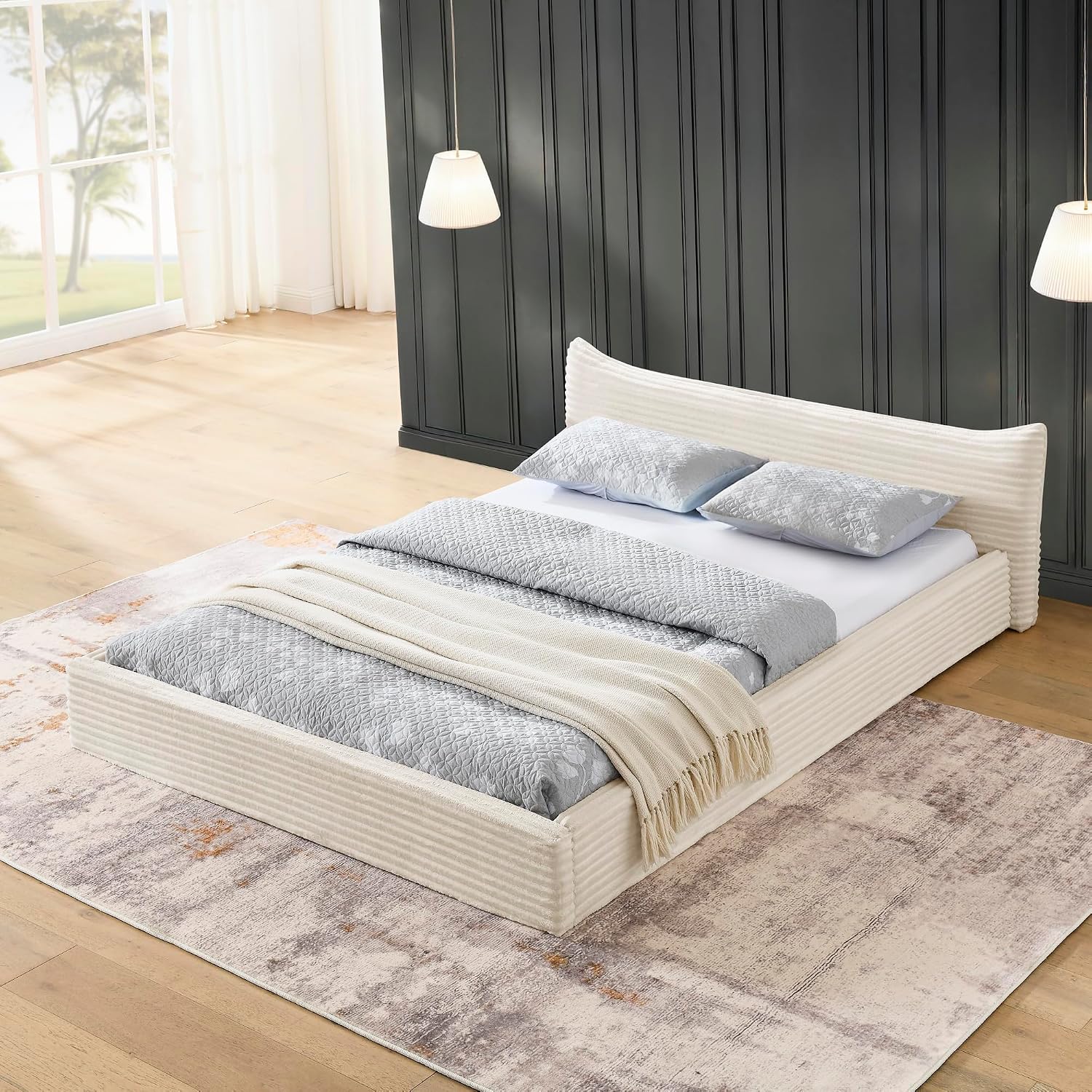 Queen Size Upholstered Bed with Decorative Curved Headboard, Solid Velvet Fabric Grounded Platform Bed Frame with Slats Support, No Box Spring Required (Beige-JU1)