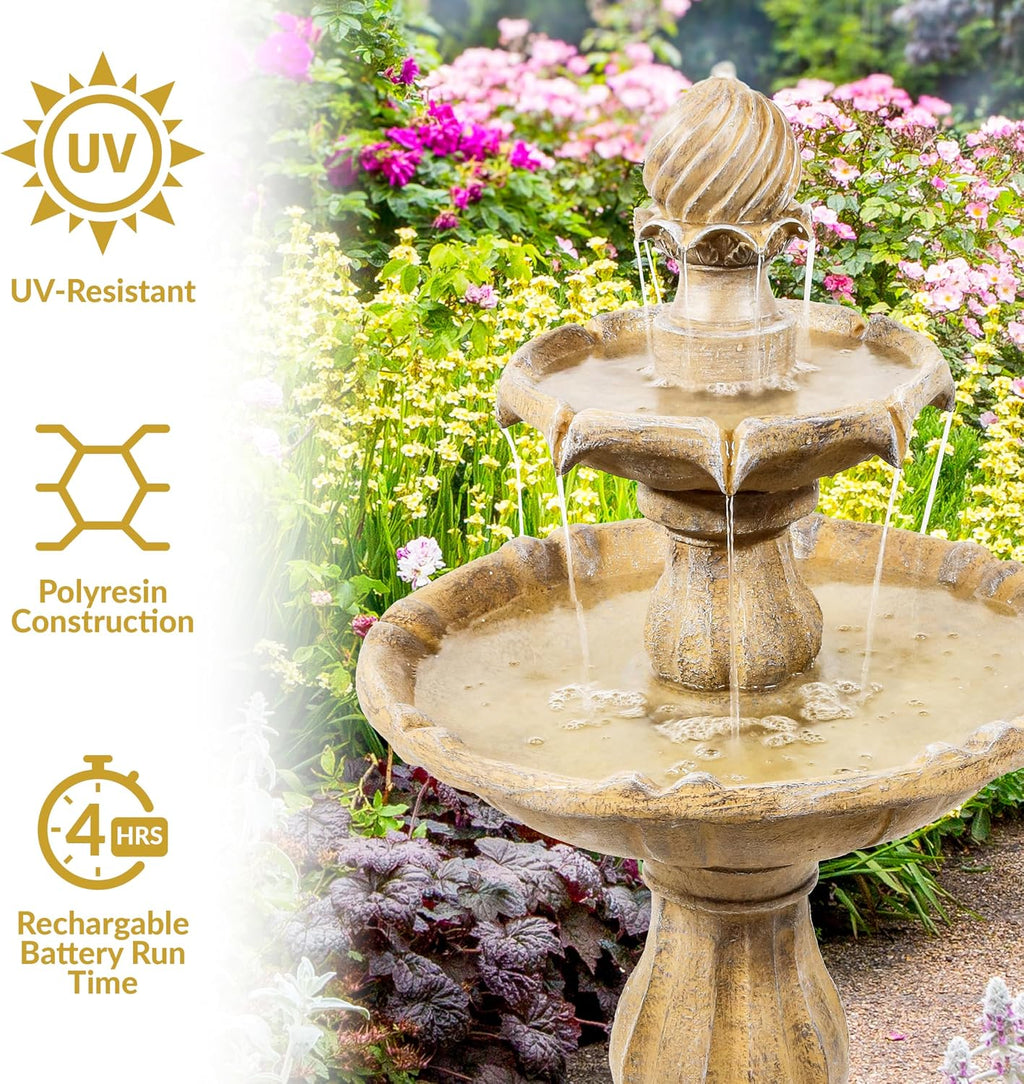 Sunnydaze 35' Solar 2-Tier Outdoor Water Fountain - Garden Water Feature with Battery Backup and Pump - Earth