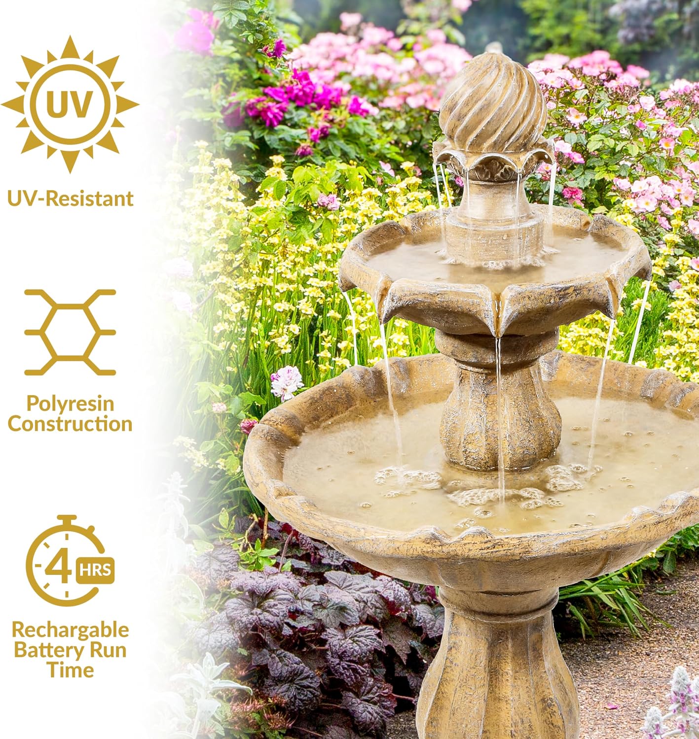 Sunnydaze 35' Solar 2-Tier Outdoor Water Fountain - Garden Water Feature with Battery Backup and Pump - Earth