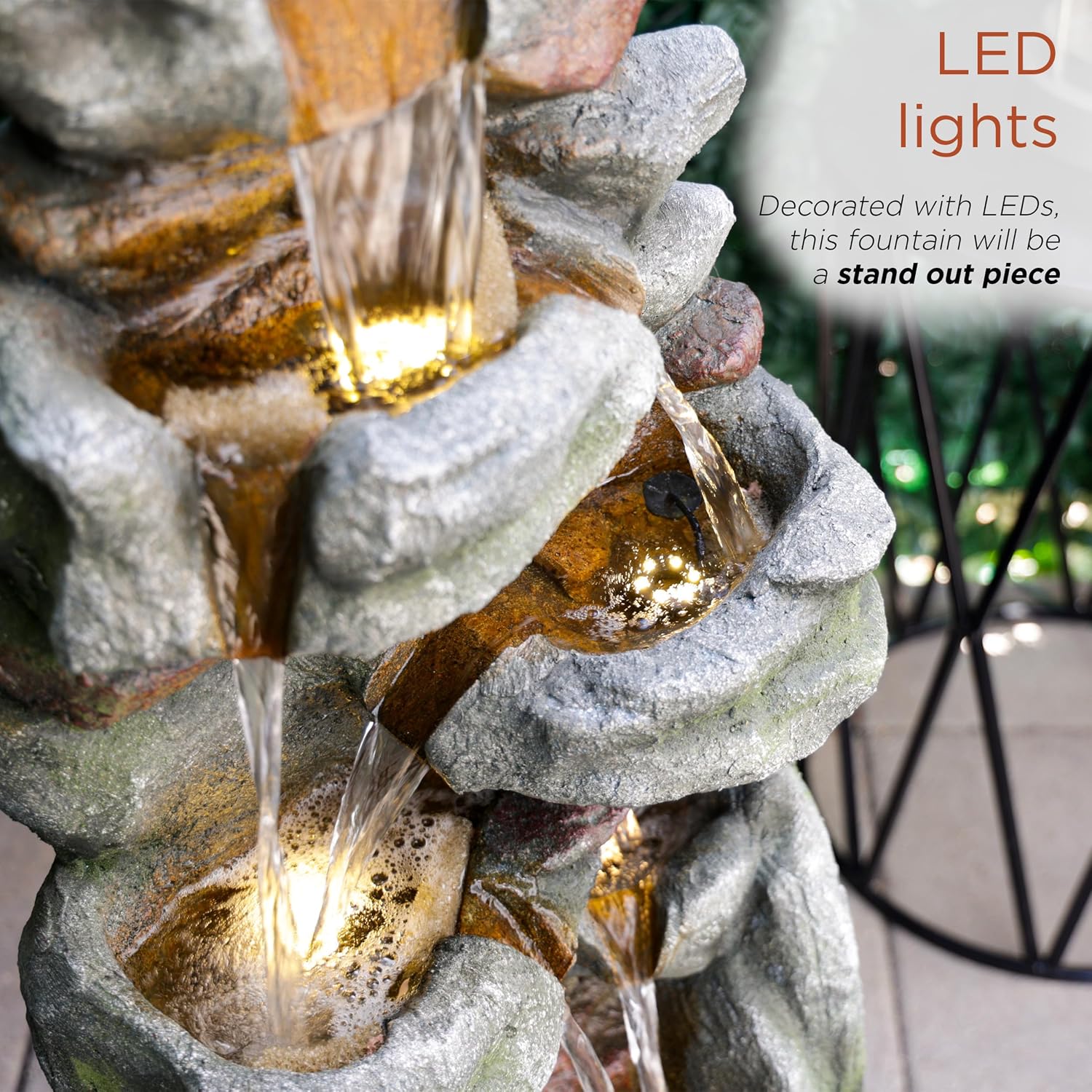 Alpine Corporation 39' Tall Outdoor Mult-itiered Elegant Rock Look Waterfalls Floor Fountain with LED Lights, Gray