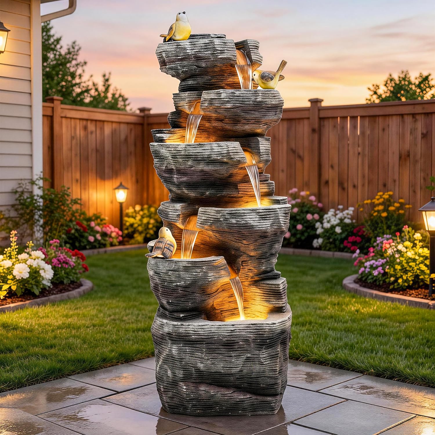 40' H Extra-Large Rock Outdoor Water Fountain with LED Lights, 6-Tier Cascading Stone Waterfall with Birds for Garden Patio Porch, Weather-Resistant Polyresin Water Feature for Tranquil Oasis
