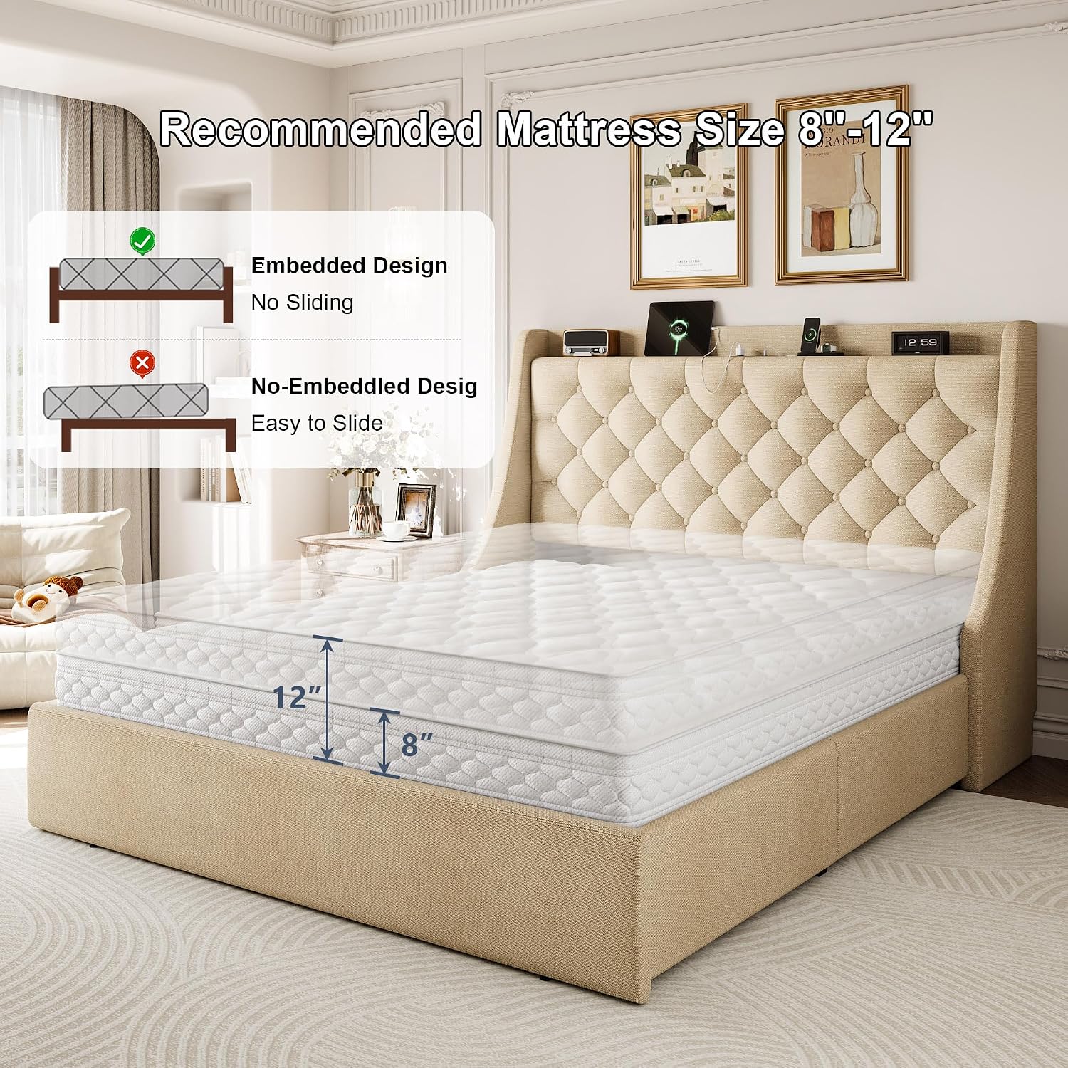 Queen Size Upholstered Platform Bed Frame with 4 Storage Drawers and Charging Station, Linen Button Tufted Wingback Headboard, Sturdy Wooden Support Slats, No Box Spring Needed, Beige