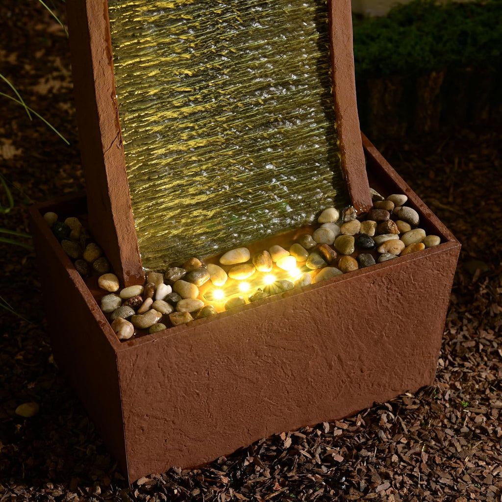 Teamson Home 38.5' Indoor/Outdoor Modern Curved Faux Slate Waterfall Fountain with LED Lights, Red Rock