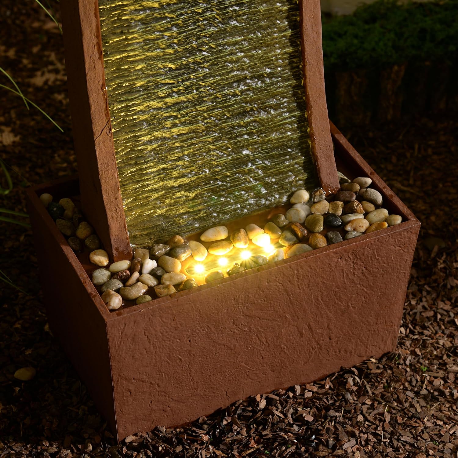 Teamson Home 38.5' Indoor/Outdoor Modern Curved Faux Slate Waterfall Fountain with LED Lights, Red Rock