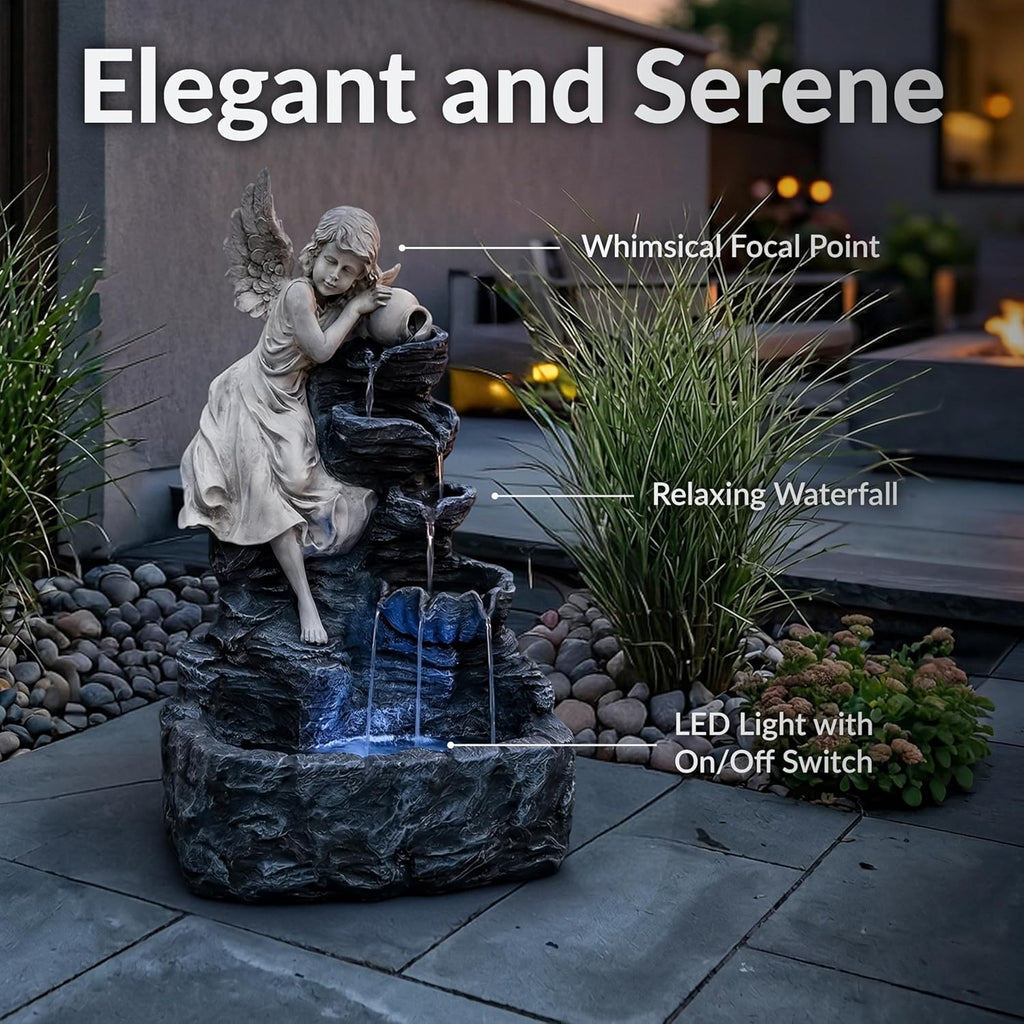 Sunnydaze Angel Falls 29-Inch Outdoor Solar Water Fountain - Outdoor Water Feature with LED Light for Garden, Patio, Yard or Balcony