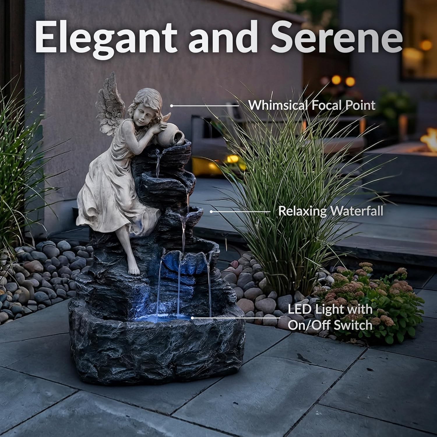 Sunnydaze Angel Falls 29-Inch Outdoor Solar Water Fountain - Outdoor Water Feature with LED Light for Garden, Patio, Yard or Balcony
