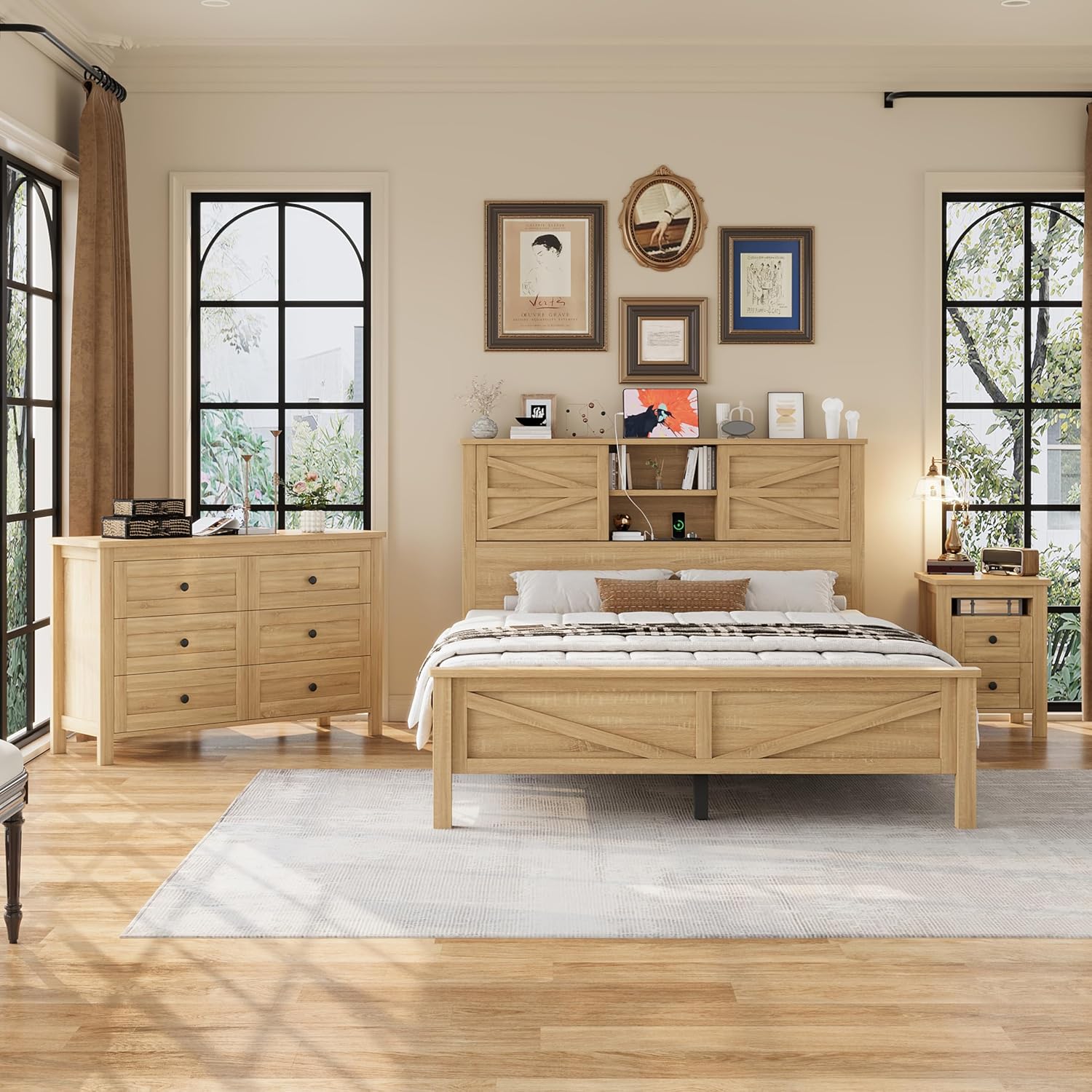 Farmhouse Bedroom Set 3 Pieces, Queen Size Wood Platform Bed Frame, Nightstand and Dressing Table, Queen Bedframe with Double Sliding Door Headboard and Charging Station (Natural, Queen)