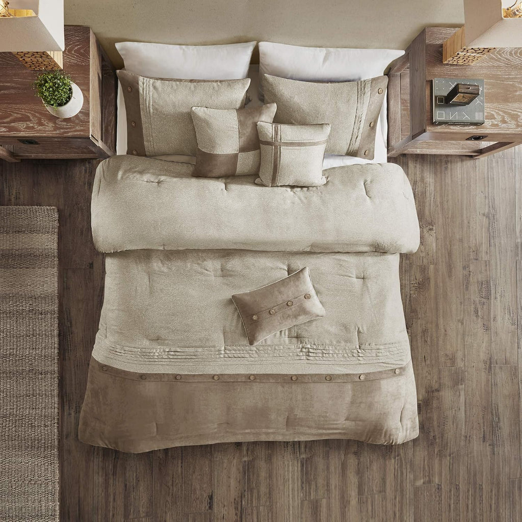 Madison Park Boone Cozy Comforter Set, Faux Suede, Deluxe Hotel Styling All Season Down Alternative Bedding Matching Shams, Decorative Pillow, California King (104 in x 92in), Rustic Tan 7 Piece