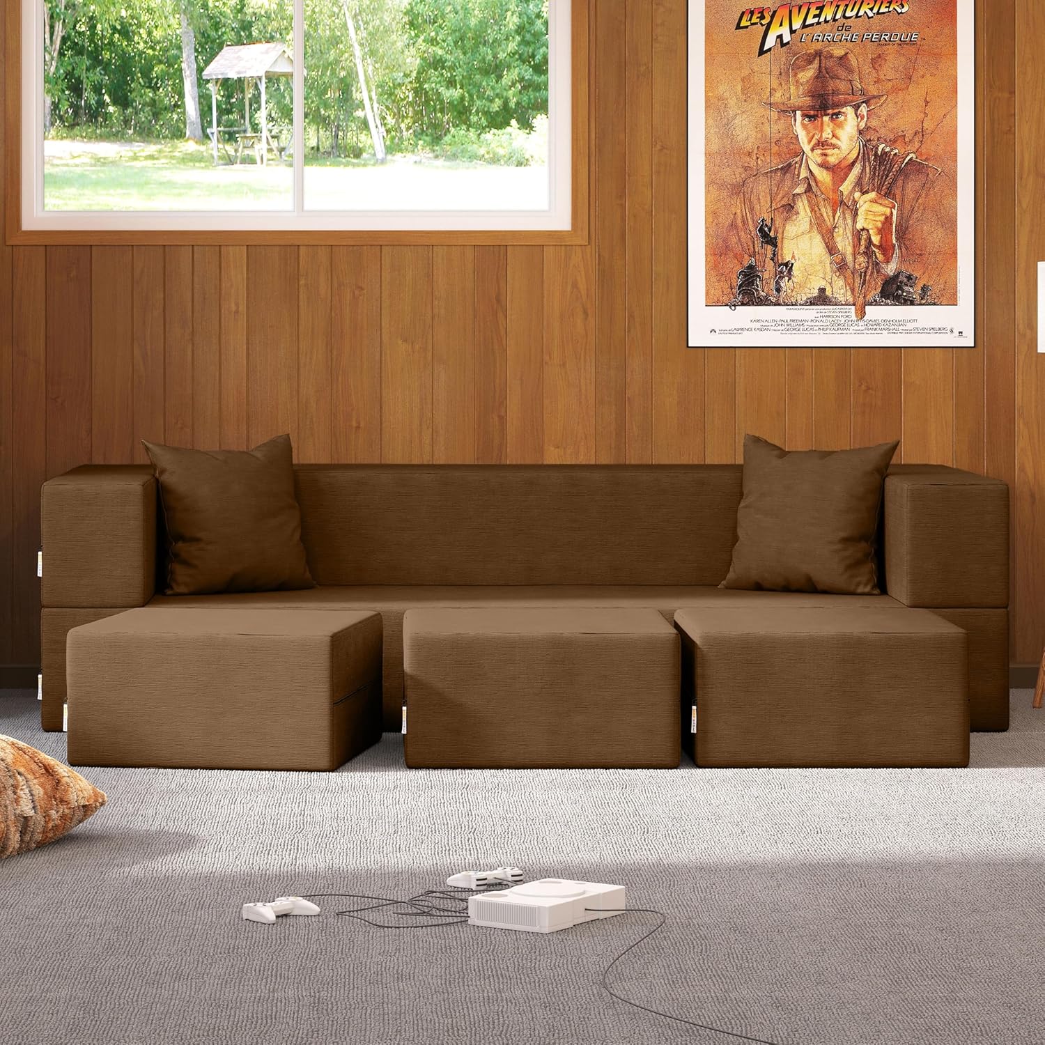 Jaxx Zipline Convertible Sleeper Sofa & Three Ottomans/California King-Size Bed, Textured Microvelvet - Toffee