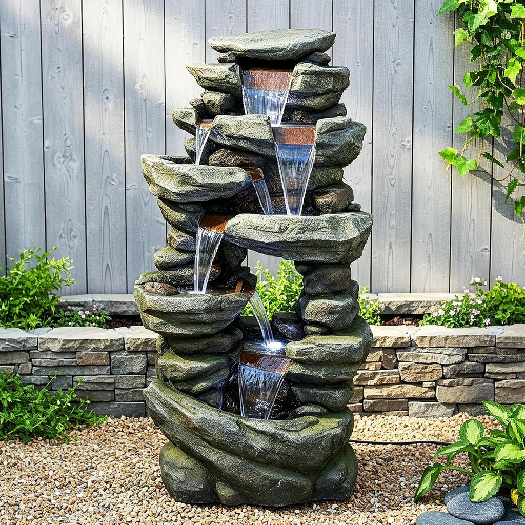 SunJet 60' High Multi-Tiers Cascading Rock Outdoor Water Fountain with LED Lights - Large Outdoor Fountains and Waterfalls for Garden or Patio, Yard, and Deck Decor, Featuring Natural Stone Look