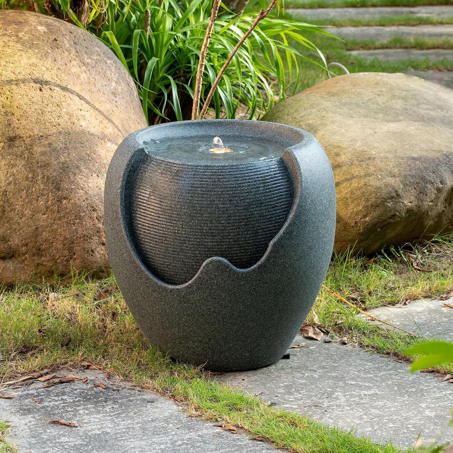 16.93' H Outdoor Water Fountain Made with Eco-Friendly Recyclable Materials, Polyethylene Round Bubbler Water Fountain Outdoor, Garden Decor with LED Light for Patio, Porch, Backyard (16.93')