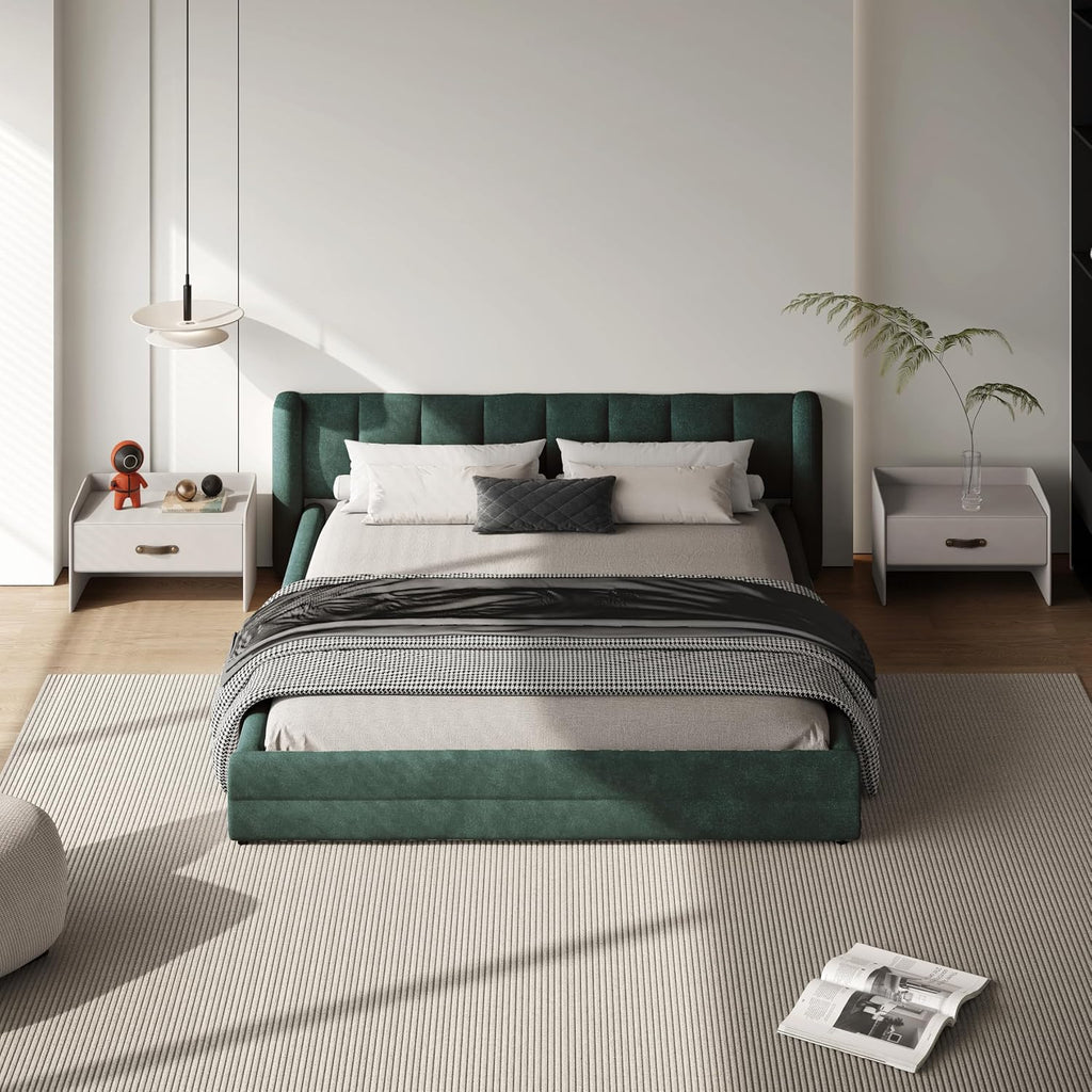DEINPPA Queen Size Bed Frame with Cloud Soft Headboard, Chenille Upholstered Grounded Wood Base Bed Frame, No Box Spring Needed-Blue+Green