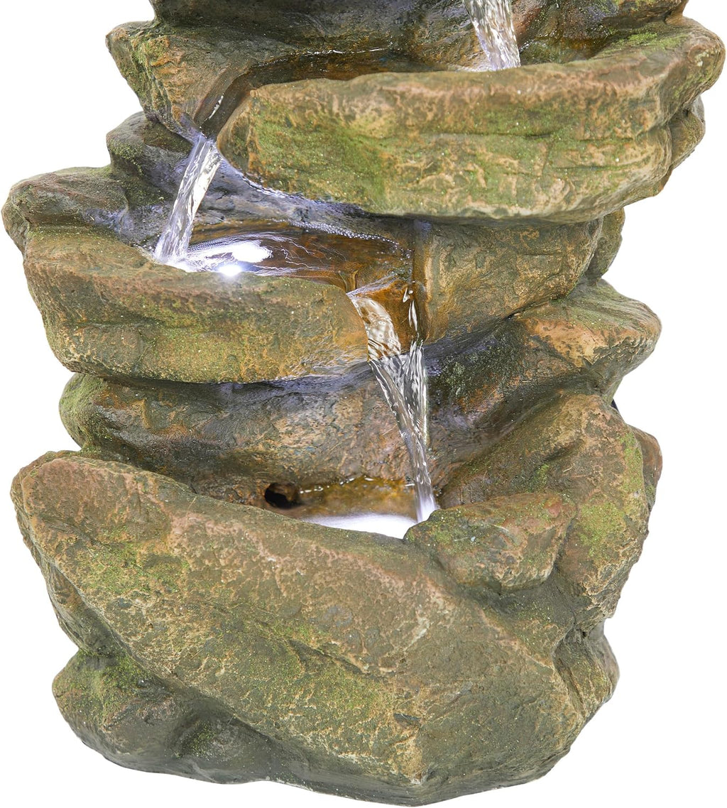 Alpine Corporation 20' H Outdoor Multi-Level Rock Floor Fountain with LED Lights, Brown