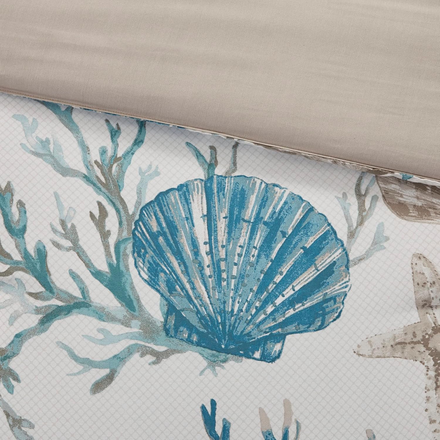 Madison Park Pebble Beach 100% Cotton Comforter Set - Coastal Coral, Starfish Design All Season Down Alternative Cozy Bedding with Matching Shams, Decorative Pillow, King(104'x92') Aqua 7 Piece