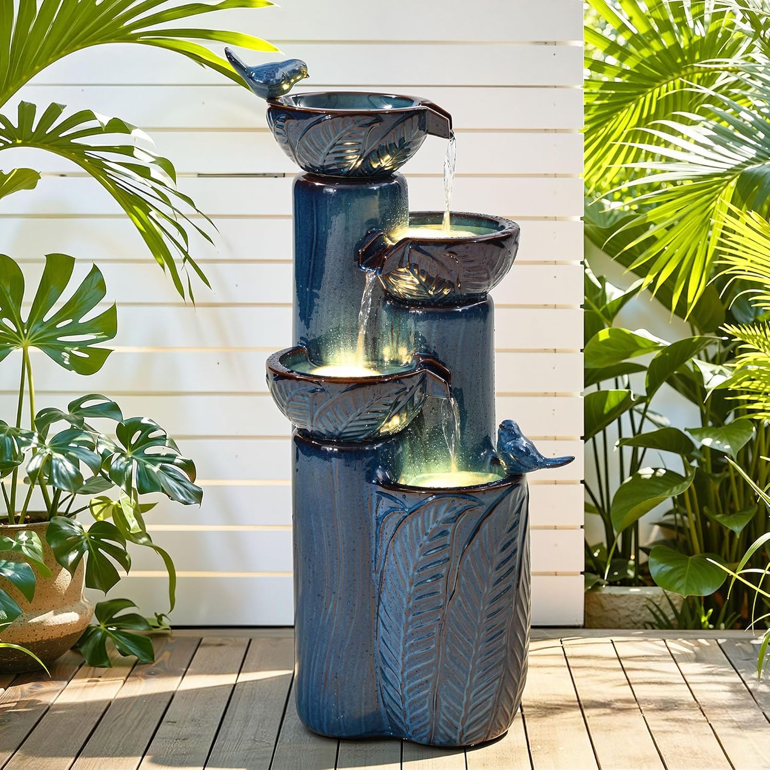 33' H Ceramic Outdoor Water Fountain with LED Lights, 4-Tier Bowl Water Feature with Birds, Teal Blue Glaze, Embossed Leaf Pattern, Cascading Waterfall for Tranquil Garden, Patio, or Porch