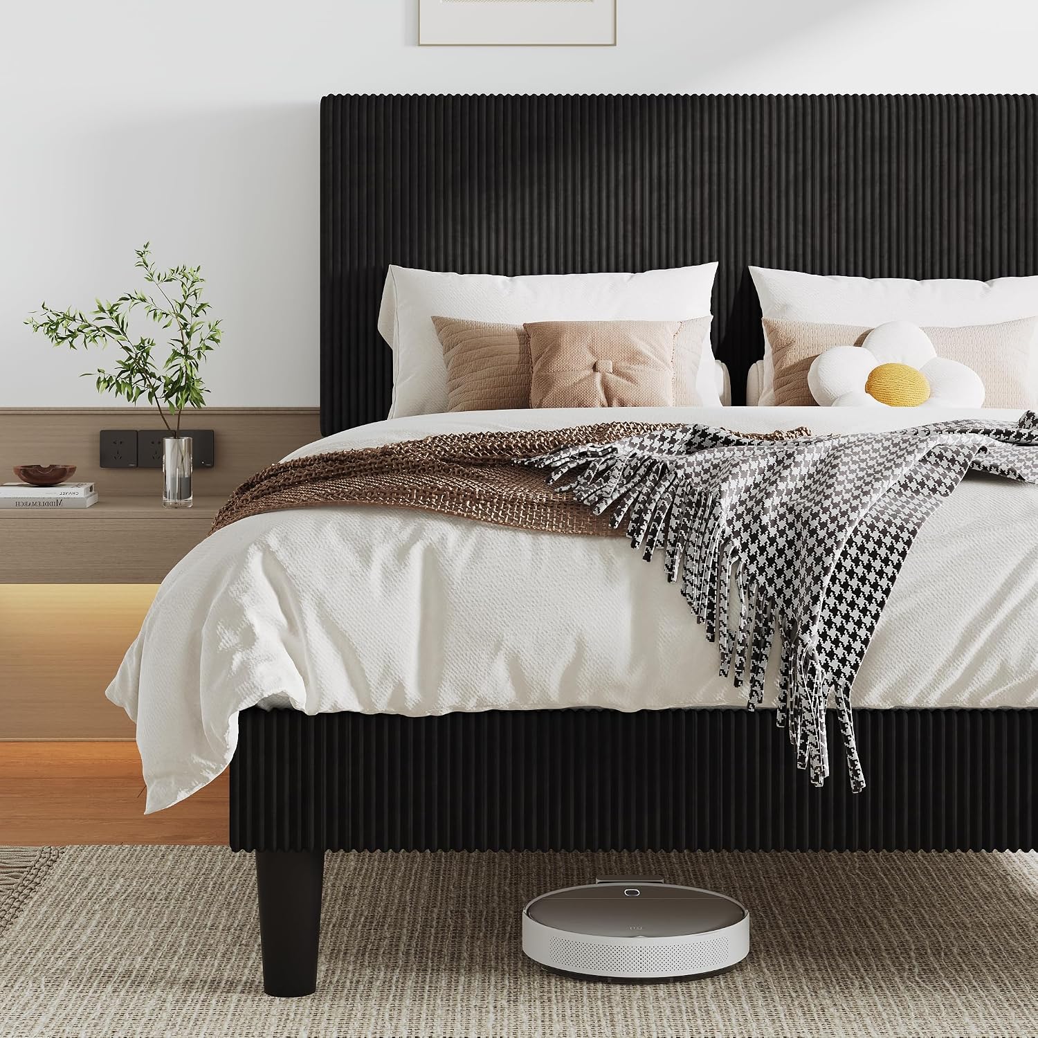 Allewie Full Size Upholstered Bed Frame with Vertical Channel Tufted Headboard, Soft Corduroy Fabric Platform Bed, Strong Wooden Slats Support, Easy Assembly, No Box Spring Needed, Black