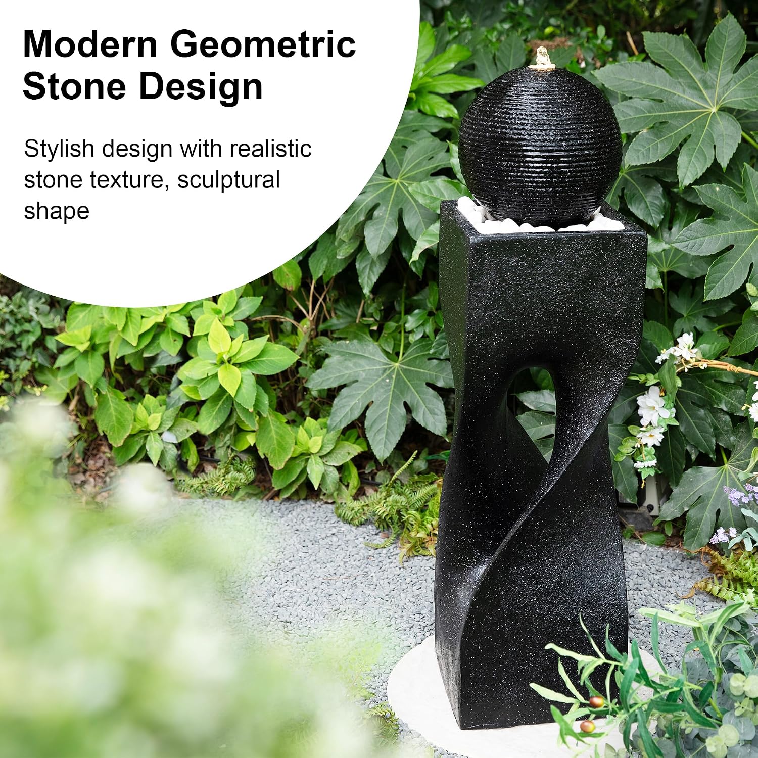 Glitzhome Water Fountain Outdoor, Outdoor Fountain with Lights, 40.5' H Modern Large Geometric Pedestal and Sphere Polyresin Outdoor Water Feature with Pump for Garden, Patio, Backyard, Porch (Black)