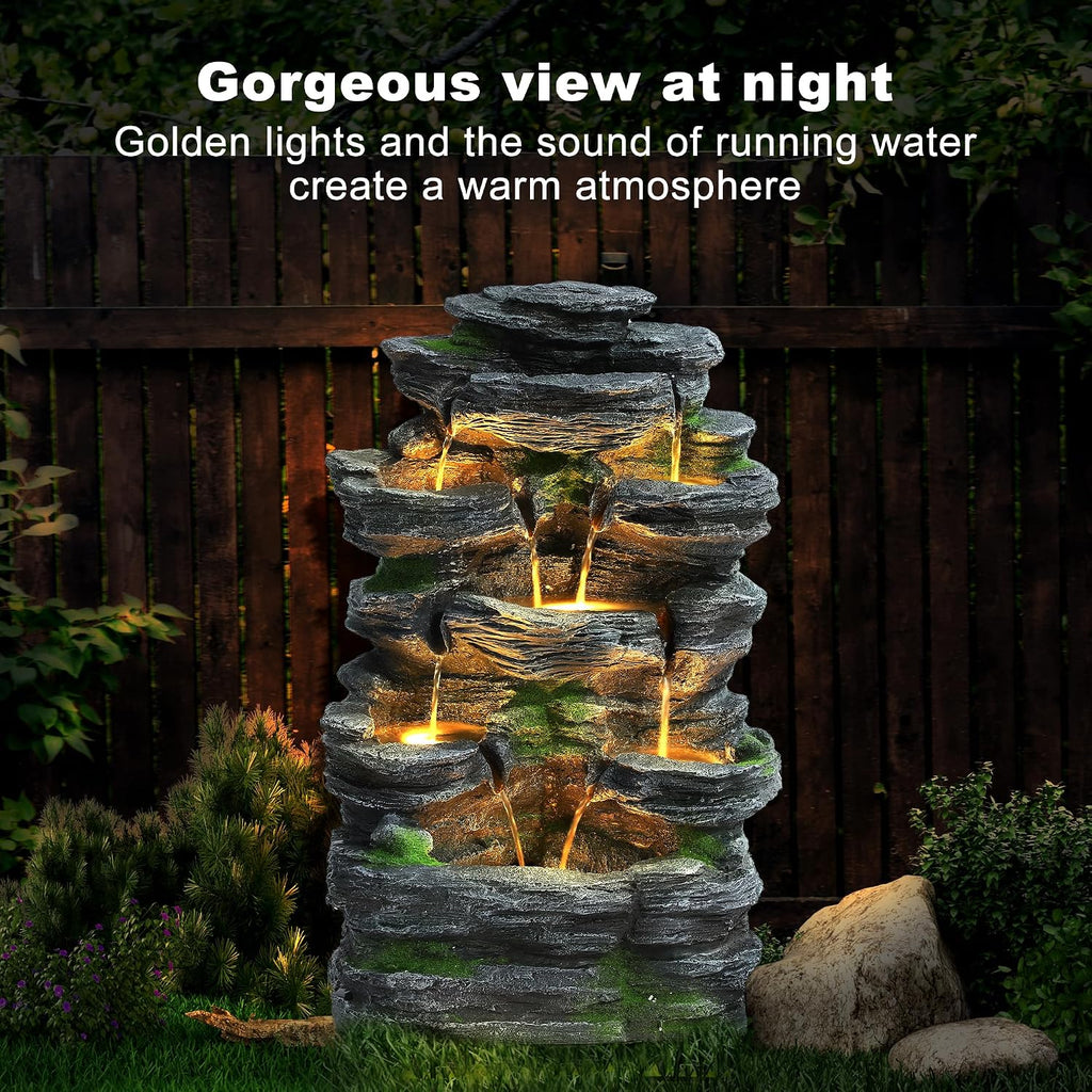 Garden Fountains Outdoor, 7-Tiers Cascading Rock Water Fountain, 24.4' H Waterfall Fountain Indoor with 6 LED Lights and Moss for Patio, Yard and Home Art Decor, Natural Stone Look