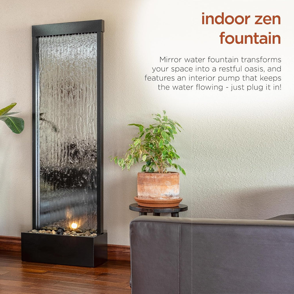 Alpine Corporation Mirror Waterfall Fountain with Stones and Lights - Zen Indoor/Outdoor Decor for Office, Living Room, Patio, Entryway - 72 Inches