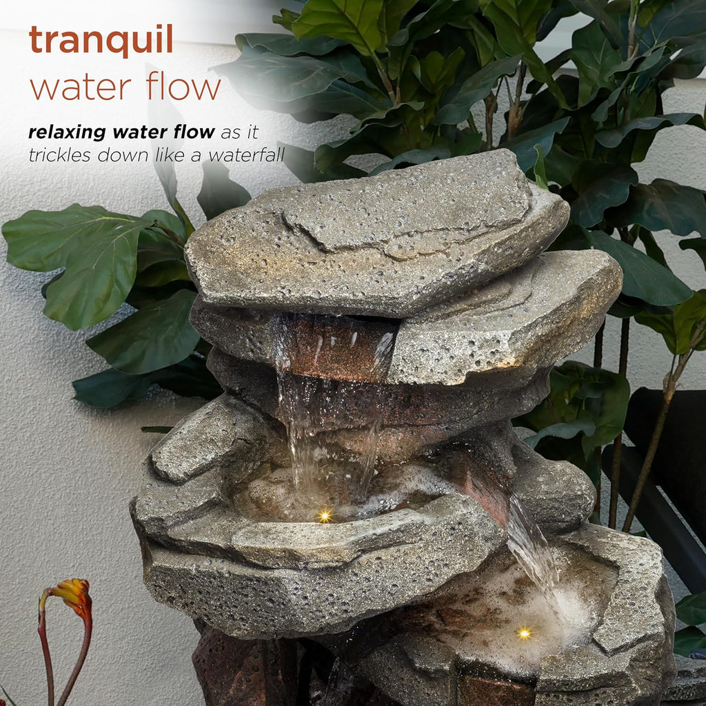 Alpine Corporation 40' Tall Outdoor Multitiered Rock Waterfall Floor Fountain with LED Lights, Natural Stone Look, Cascading Water Feature for Gardens, Patios, and Yards, Gray