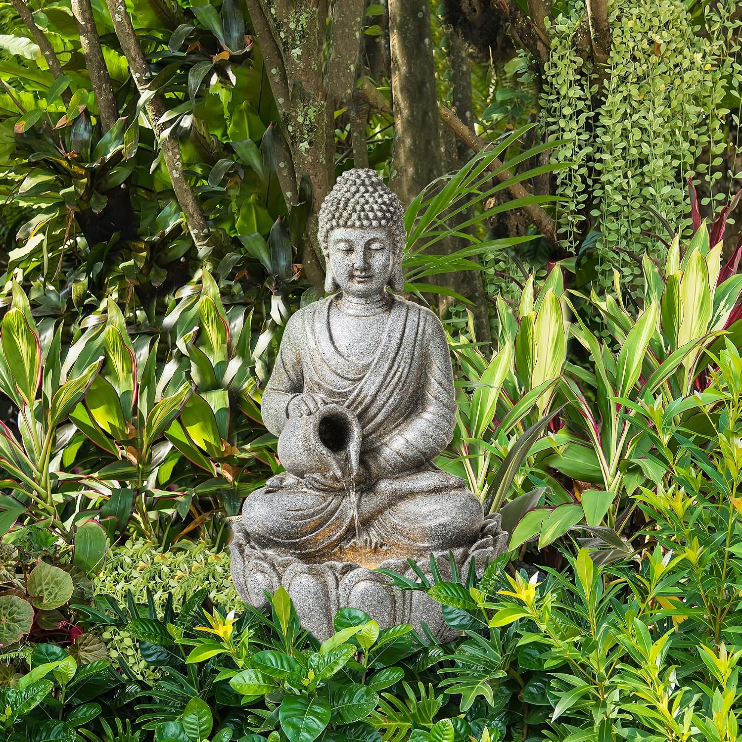 Glitzhome Buddha Fountain Outdoor 20.5' H, 2-Tier Zen Style Concrete Meditating Buddha Statues Water Fountains with Pump & LED Light, Buddhas Floor Fountains Sculpture for Garden Patio Backyard