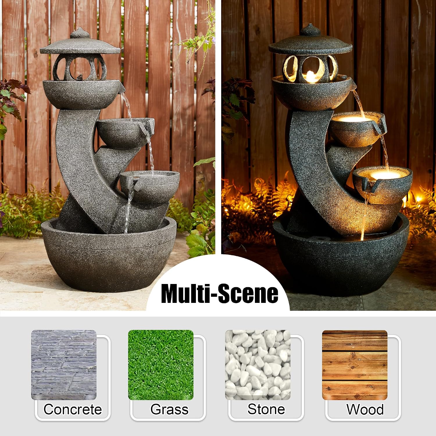 Glitzhome Pagoda Outdoor Water Fountain with LED Light, 4-Tier Oversized Cascading Stacked Stone Waterfall Fountains, Natural Stone Look Outdoor Fountain for Garden Patio Porch, 32'H