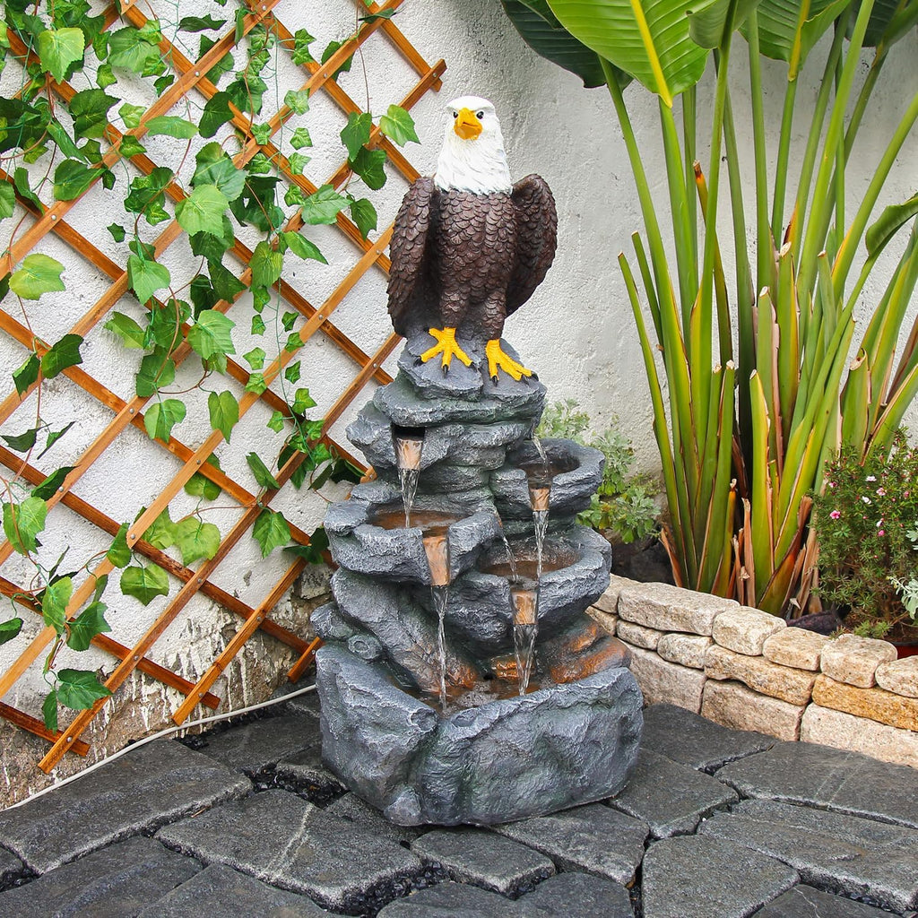 YZM Bald Eagle Statue Outdoor Fountain Tiered Cascading Rock Water Fountain Outdoor Garden Waterfall Decor for Garden Patio Backyard Deck Porch Outside Water Feature 39.76' H